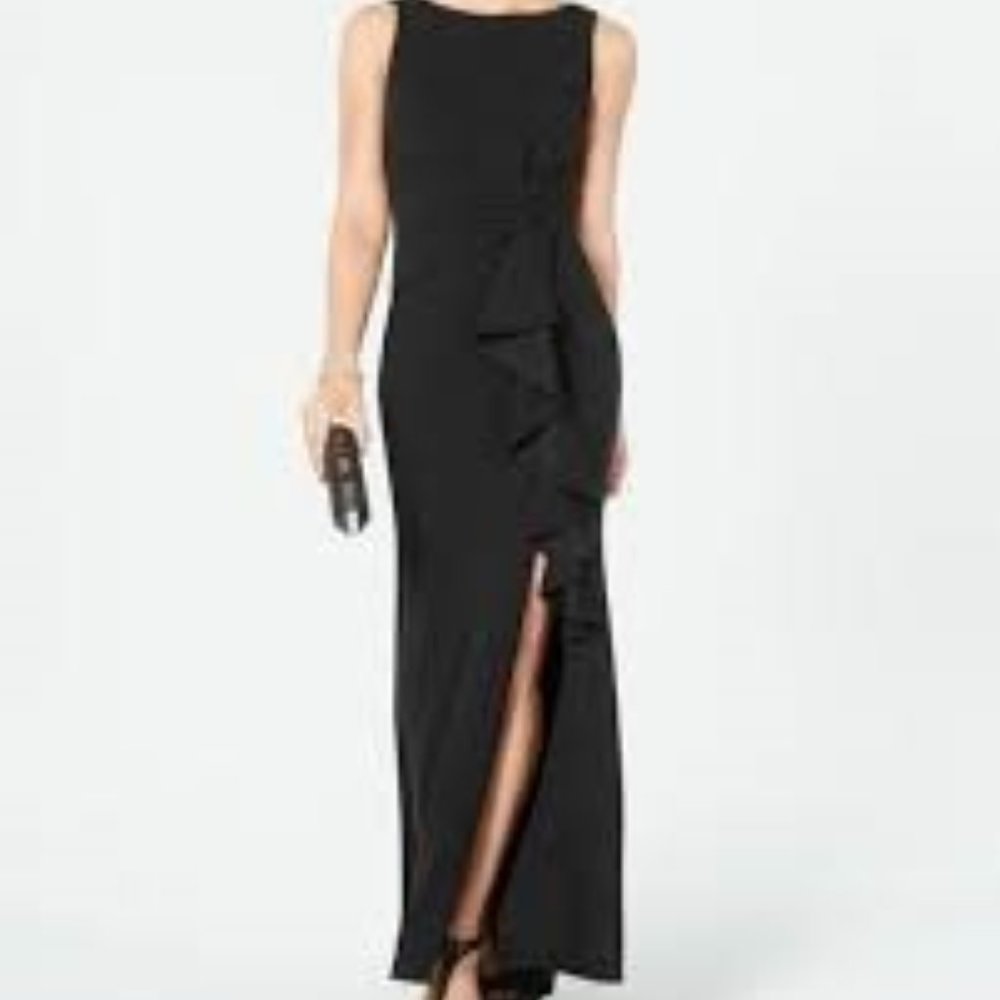 Betsy & Adam Scuba Crepe Black Ruffled Bow Gown  size 6